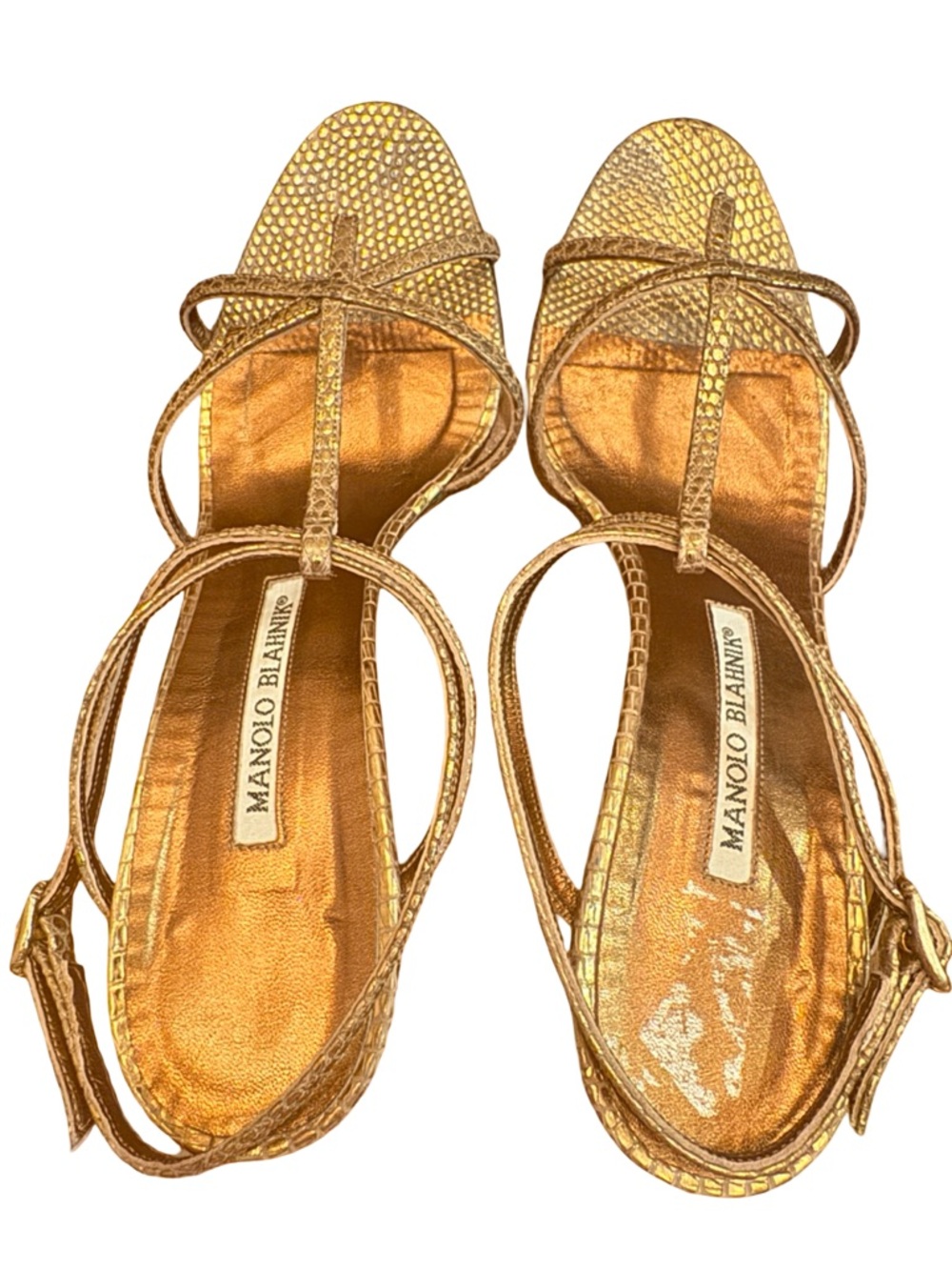 Manolo Blahnik Metallic Gold Strappy Slingback Heels - Picture 8 of 9